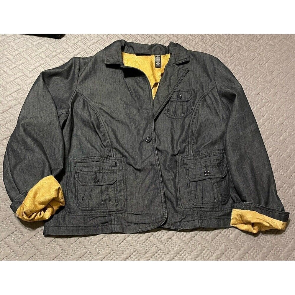 Apostrophe Blue Denim Gold Lined Pocketed Single Button Jacket Coat SZ 16W - Picture 8 of 11